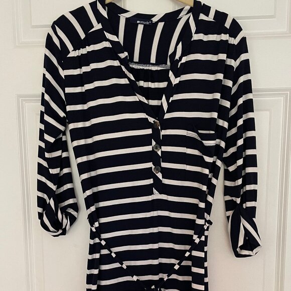 2	LA Made navy striped dress jersey, 3/4 sleeves, tie waste	small	used no damage - Picture 2 of 2